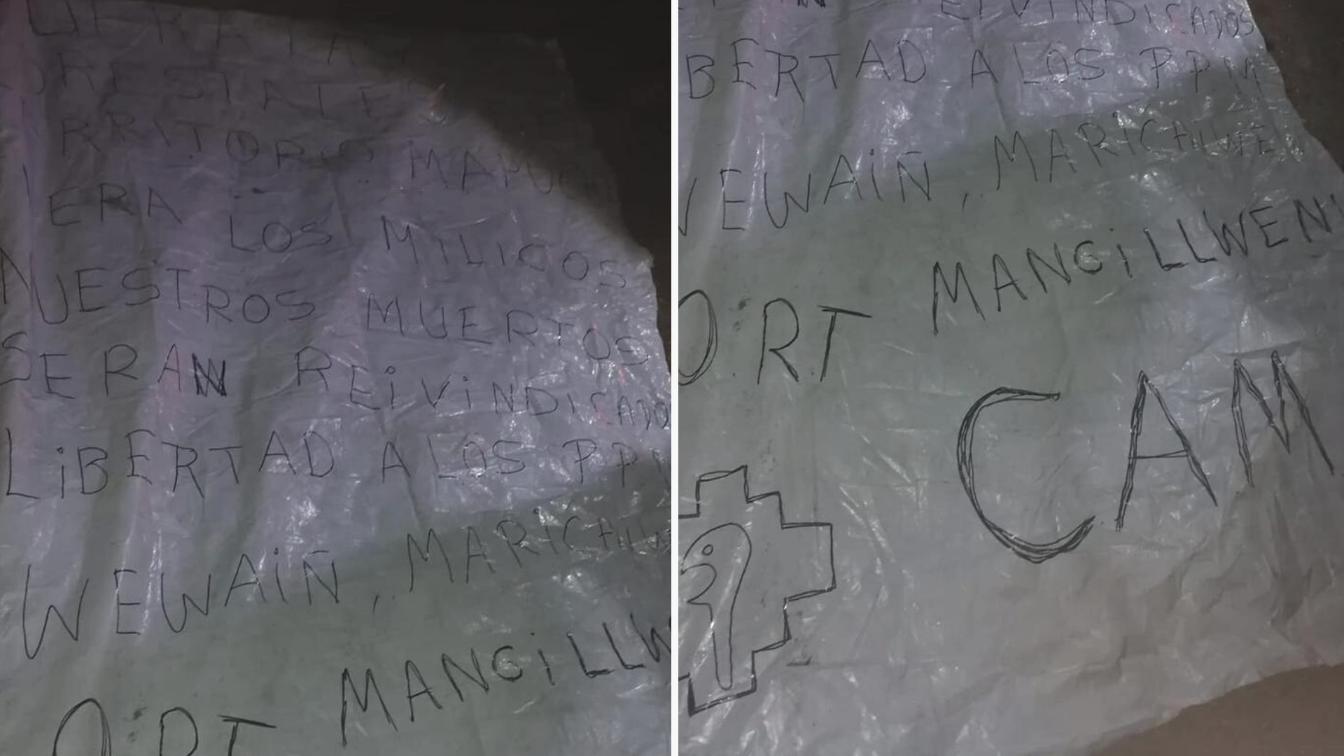 El lienzo que dejó la CAM tras la quema de predio de diputado RN en La Araucanía: “Nuestros muertos serán reivindicados”